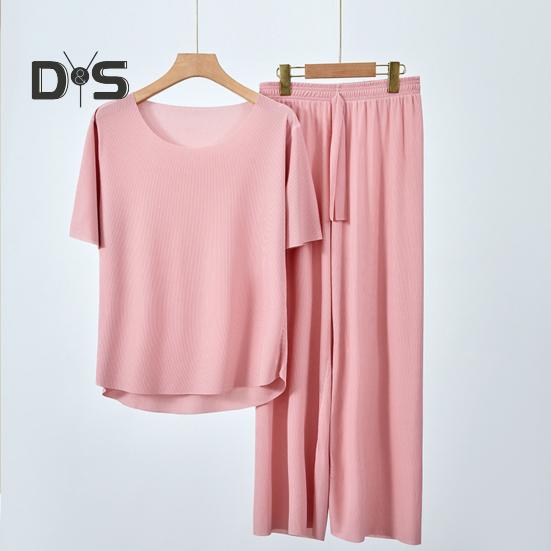 2-teiliges Sommer-Pyjama-Set mit O-Ausschnitt, kurzärmeligem T-Shirt, elastischer Bund, lange Hosen, einfarbige Nachtwäsche aus Eisseide