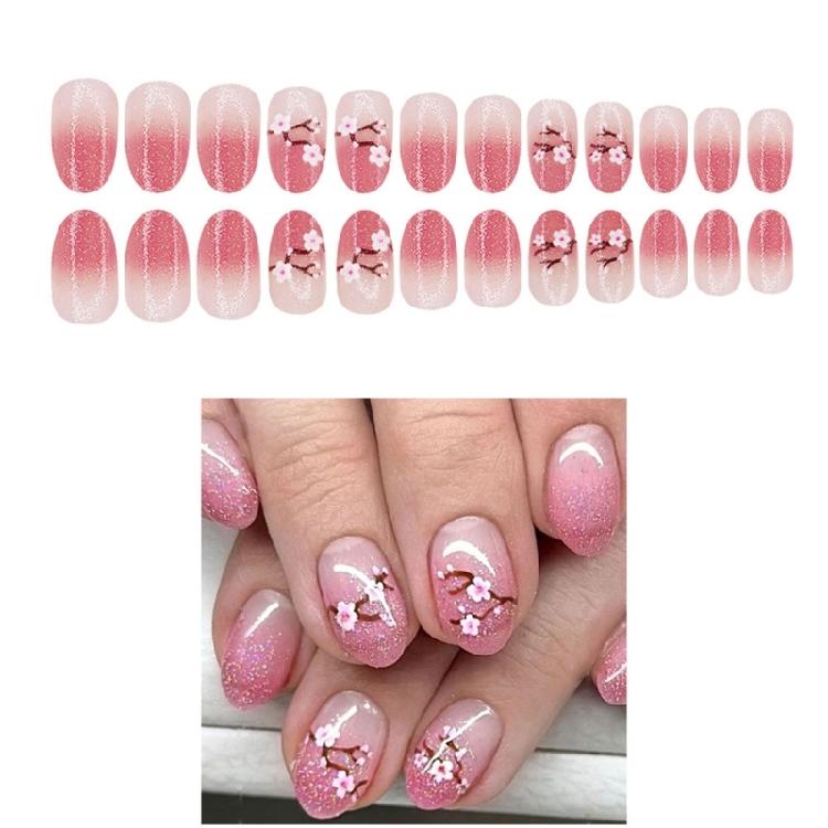 24 Pcs Peach Blossoms Stick On Nail Simple Artificial Nail Short Round False Nail Glittering Press On Nail for Woman