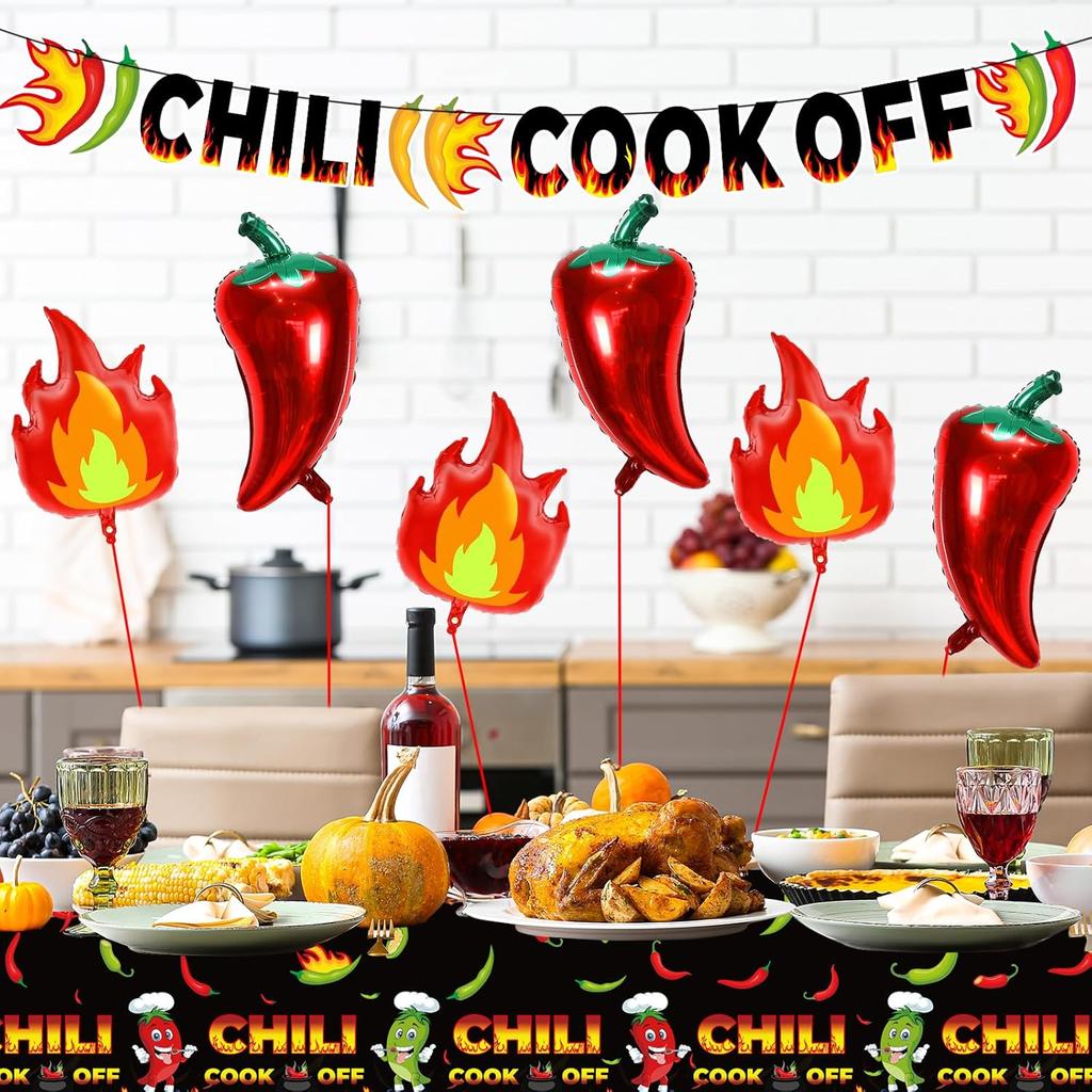 10 Pcs Chili Cook Off Decorations Set Chili Cook Off Banner Chili Pepper Disposable Tablecloth Plastic Table Cover Balloons Fire Balloons Chili