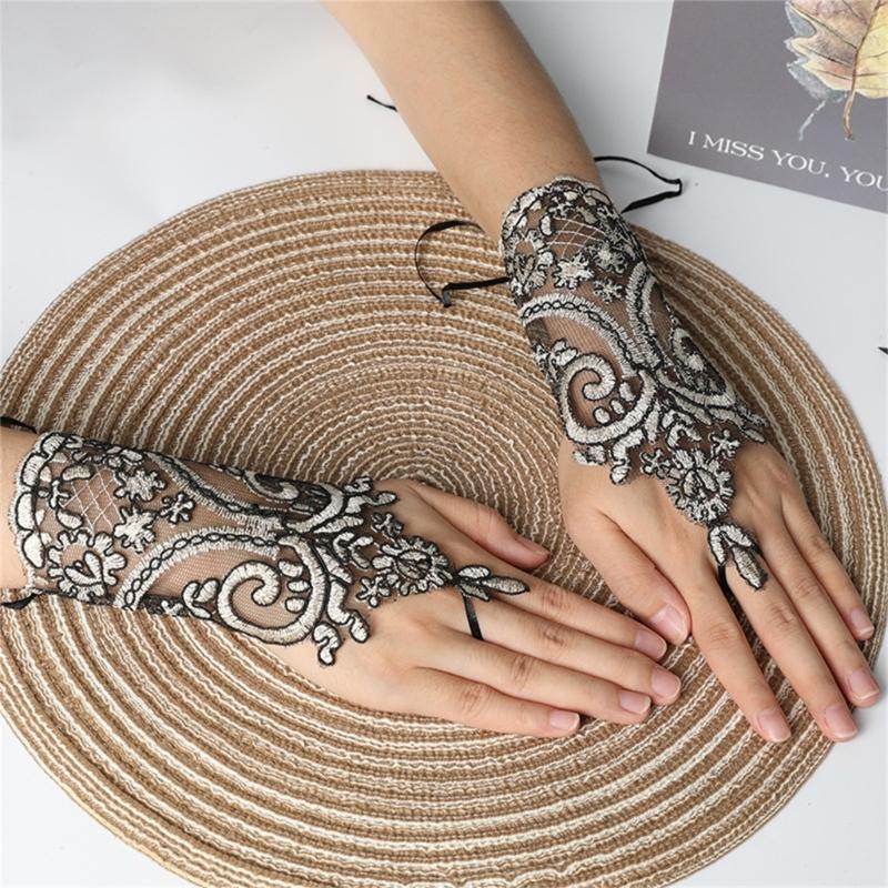 Handschuhe Handgefertigt Braut Hochzeit Handschuh Stickerei Spitze Armband & Verstellbares Seil