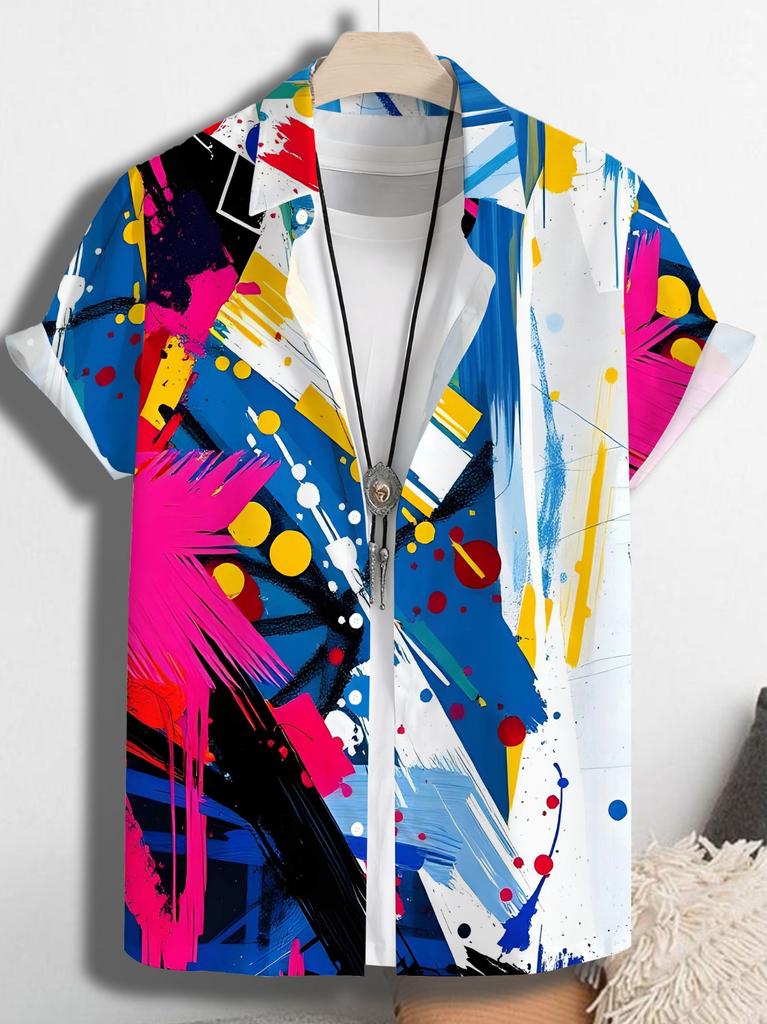 Men'S Colorful Graffiti 3D Printed Short-Sleeve Hawaiian Shirt, Perfect for Casual Wear On Spring And Summer Beach Holidays