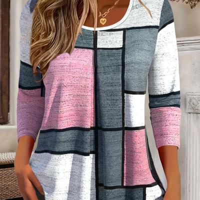 Plus Size Grid Print T-Shirt - Stylish Long Sleeve Crew Neck Top with Versatile