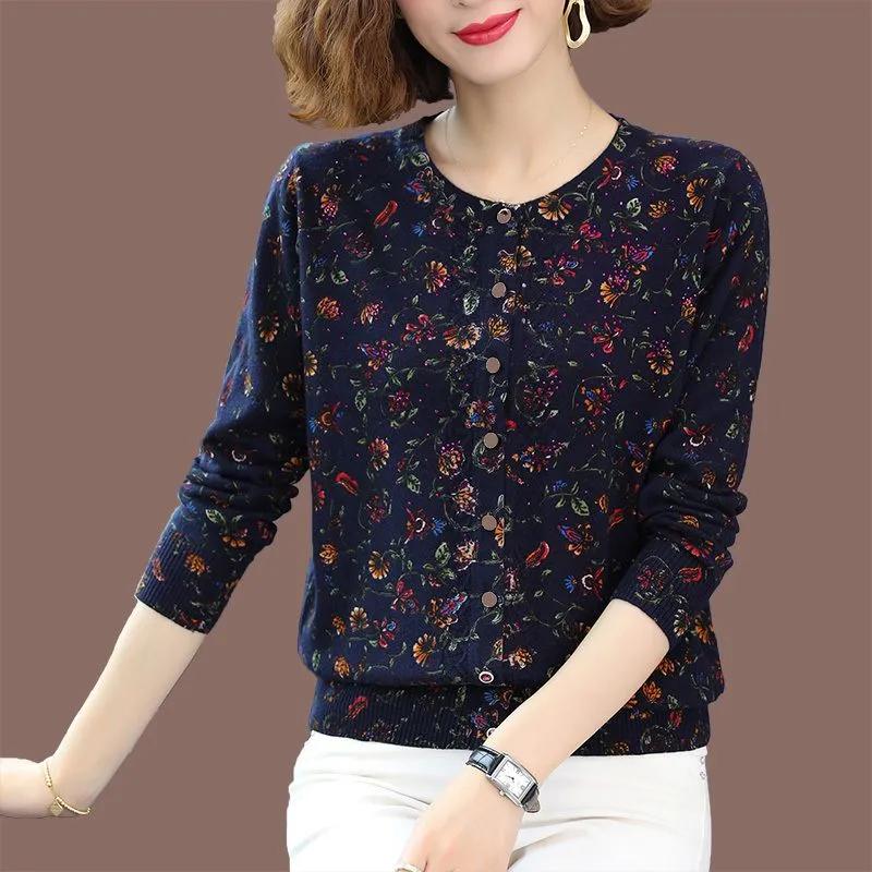 

Женский весенне-осенний кардиган из трикотажа с коротким рукавом и принтом, элегантная куртка-свитер для зрелых мам XS темно-синий