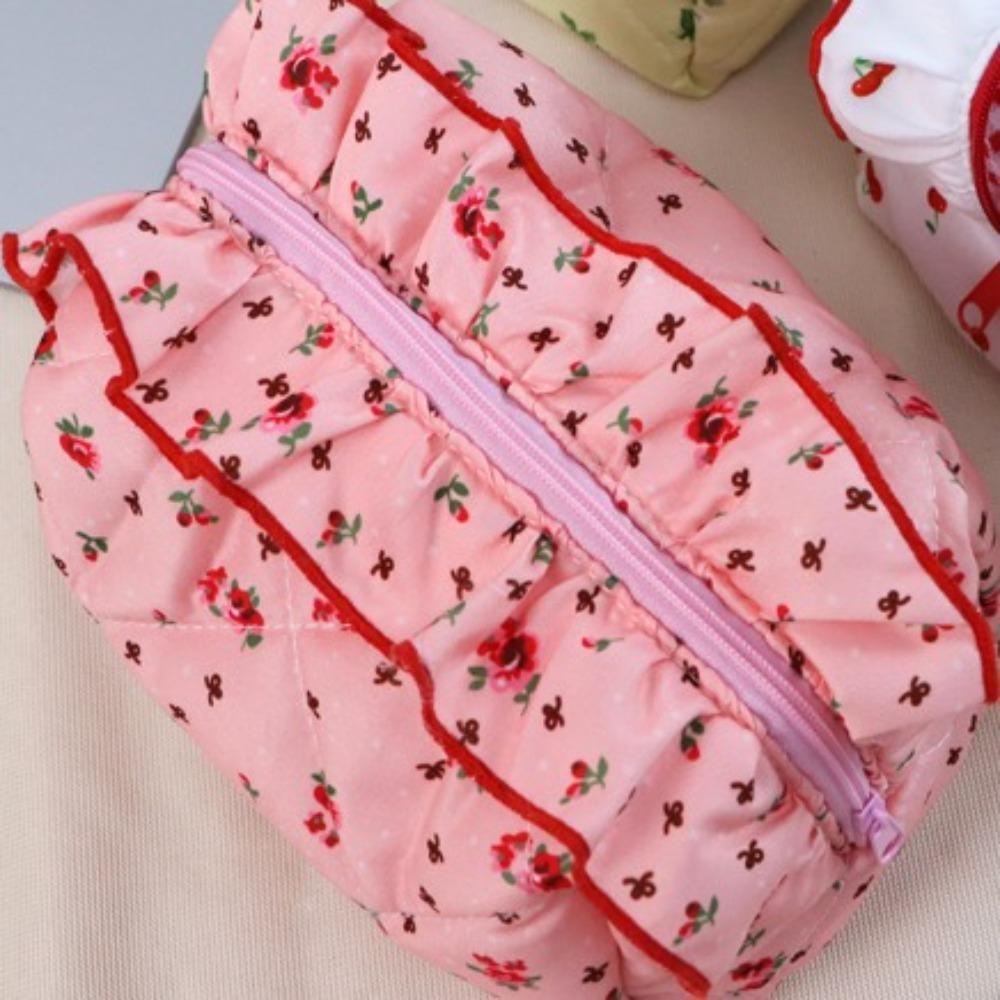 With Zipper Floral Cosmetic Bag Cherry Printed Toiletry Organizer Ruffle Makeup Bag  Travel