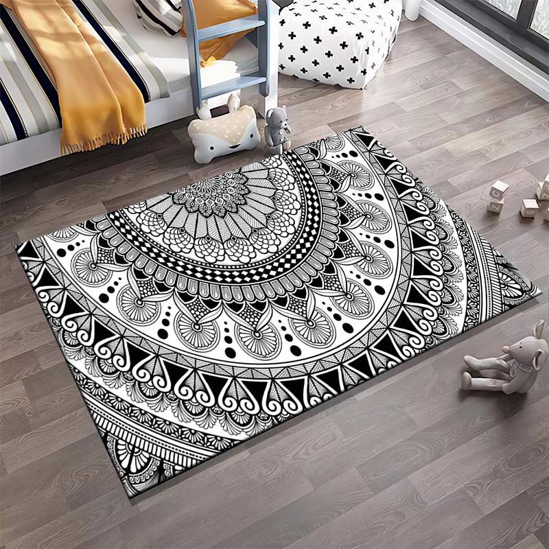 Mandala Pattern Black and White Rug Non-slip rug suitable for living room and bedroom sofas