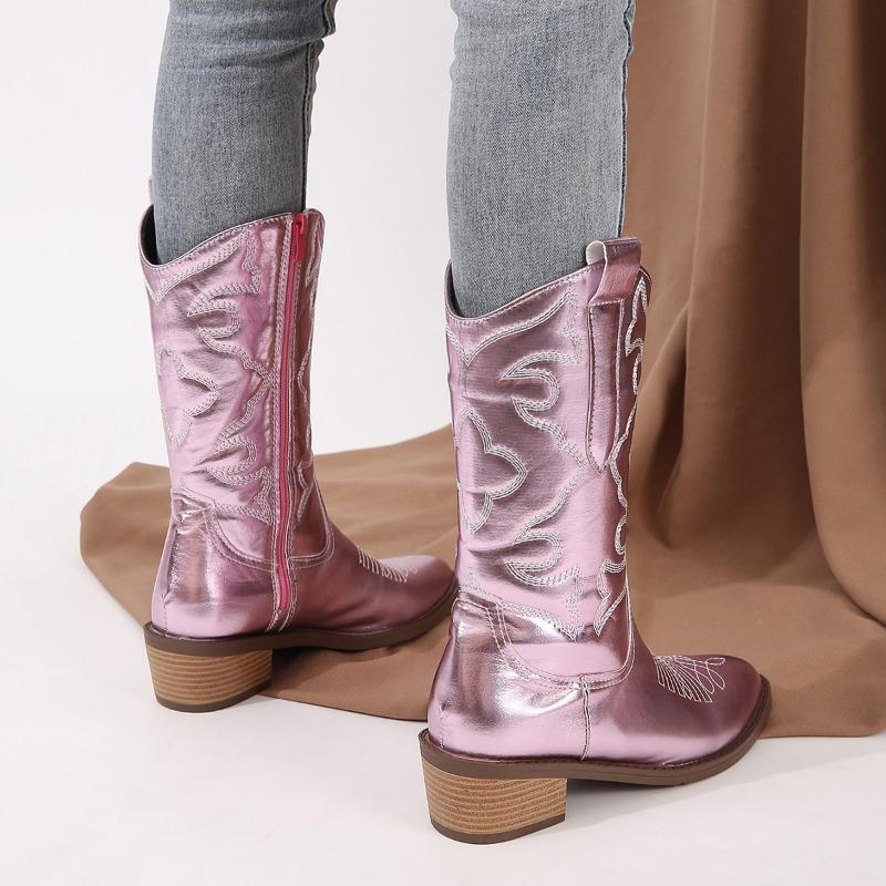 Fashion Women's Thick Heel Cotton Boots Winter New Point Side Zipper Embroidery Anti-slip and Wear-resistant High Boots