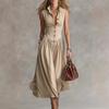 Women's Light Beige Sleeveless Collared Button Down Maxi Dress