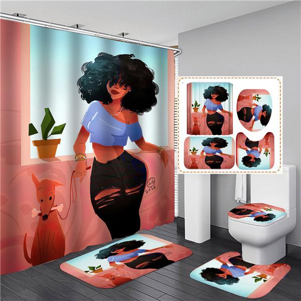 4PCS Full Set Bathroom Curtain Set Elegant African Black Woman Shower Curtain Hooks Modern Bath Mat Toilet Lid Cover Anti-slip Bath Mats