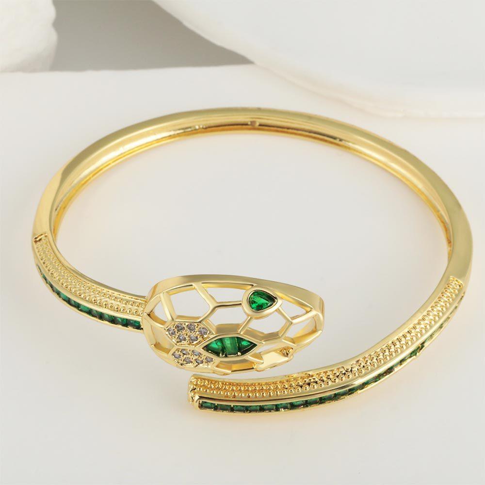 Fashion Geometric Inlaid Green Zircon with Hollow Design Snake-shaped Opening Bracelet for Women One  Size(18CM~21CM)