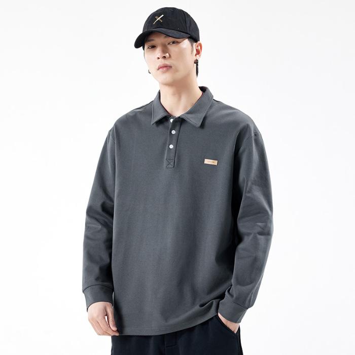 

Тяжелый фактурный свитер, мужская осенняя свободная рубашка поло с лацканами, молодежная спортивная и досуговая футболка с длинными рукавами M темно-серого