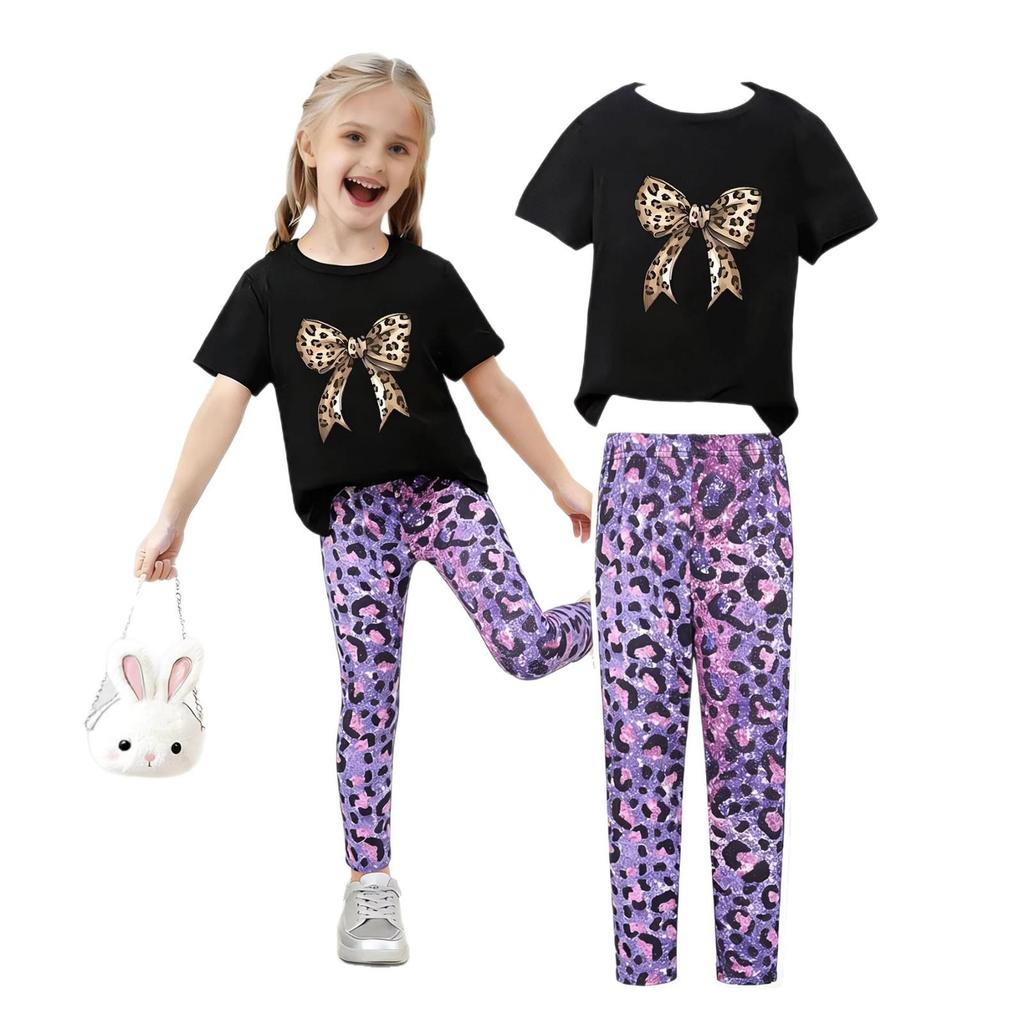 Girls' Summer Casual Short-Sleeve Long Pants Set - European & American Print