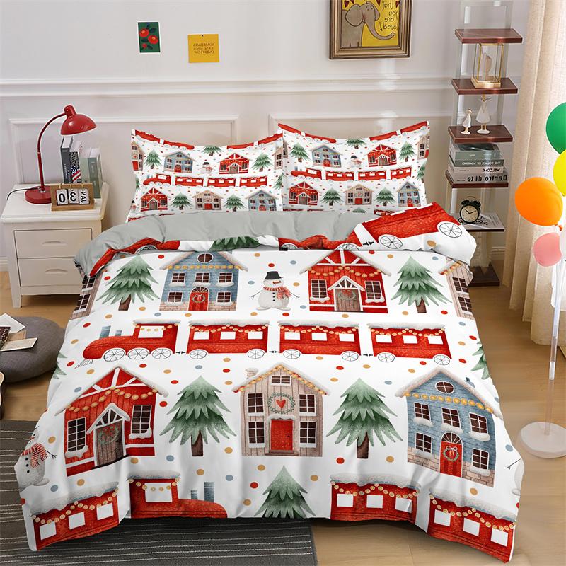 3D God Jul Kung Drottning Sängklädesset Barn Tecknad Jultomte Snögubbe Ren Täcköver XMAS Påslakan Polyester Quiltöverdrag