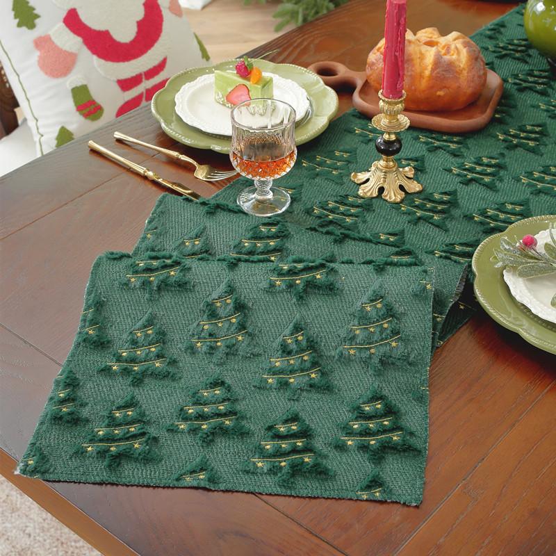 

Green Christmas Trees Soft Plush Jacquard Christmas Table Runner, Holiday Kitchen Dining Table Decoration for Home Party Decor 35x140cm