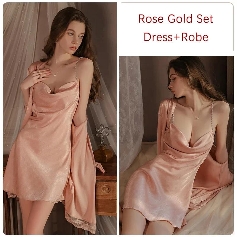 Women's Pajama Set Trendy Backless Solid Color Silk Pearl Suspender Dress Women's Pajama Robe