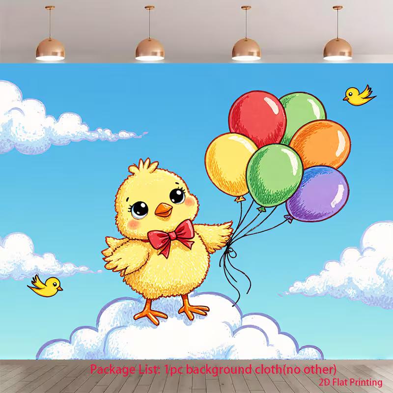 2D Cute Animal Tapestry - Yellow Chick with Colorful Balloons on White Cloud Wall Art 47.2x31.5inch/120*80cm