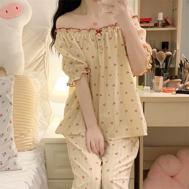 Niedliches Prinzessinnen-Pyjama-Set im koreanischen Stil: Kurzärmeliges Oberteil & Langärmelige Hose für Damen