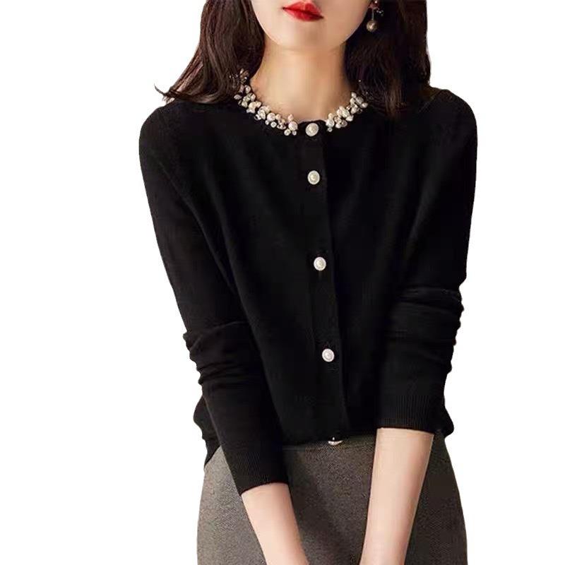 Heavy Industry Beaded Knitted Cardigan for Women Spring and Autumn New Design Long-sleeved Sweater