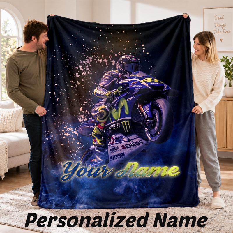 Custom Name Valentino Rossi Flannel Throw Blanket Personalized Text Soft Blanket Bed Sofa Gift