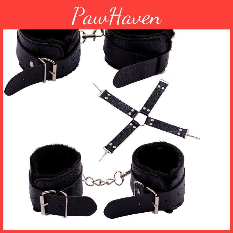 Ankle Leather Plush Bondage Set Cuffs Handcuffs Cross Back Mouth Gag