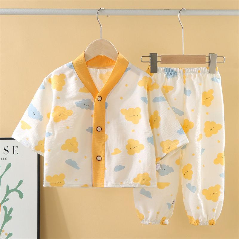 2026 Summer Children Short Sleeve Cardigan Underwear Suits Baby Spring V-Neck Cartoon Thin Pajama Set Home Wear Clothing Suit for Girl Boy