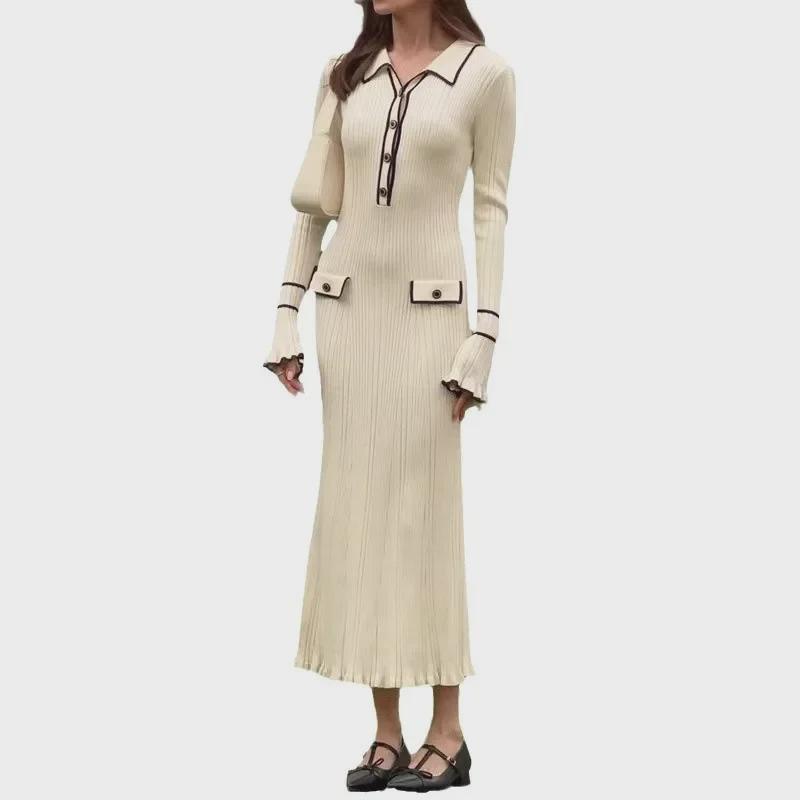 European & American Ruffled Knitted Sweater Dress 2025 - Luxurious French Autumn/Winter Lapel Midi