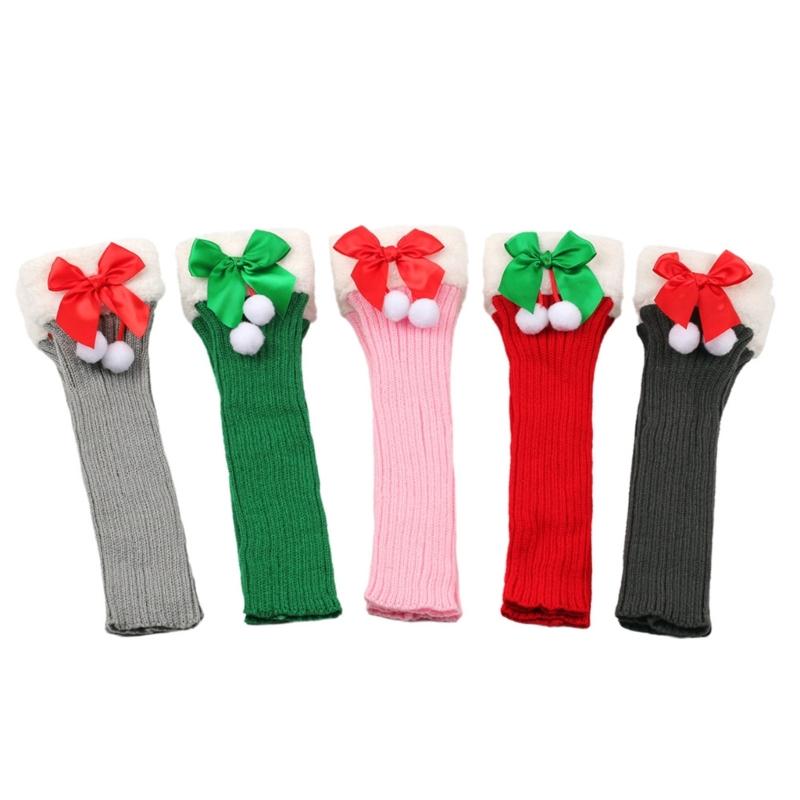Christmas Fleece Trim Warm Leg Warmers Sweet Plush Balls Bows Knitted Boot Covers Festival Footless Socks for Women
