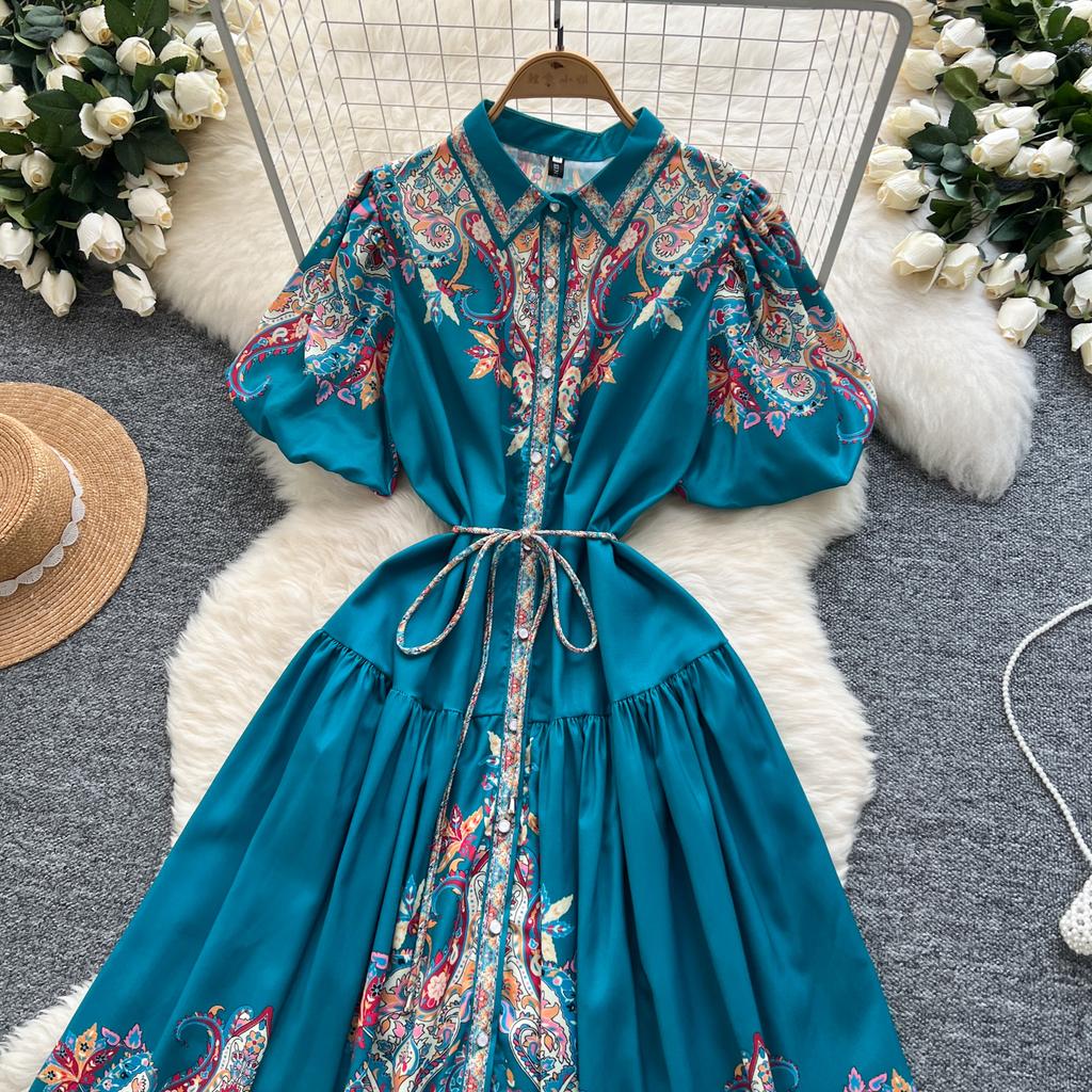 Summer Women Plus Size Turn-down Collar Lantern Sleeve Vintage Print Shirt Loose Lace-up Dresses