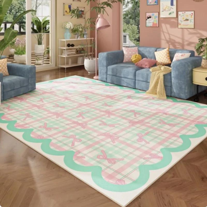 Cute Pink Grid Bow Pattern Carpet Non-slip Soft Area Rug for Girls Bedroom Living Room Nursery Home Decor
