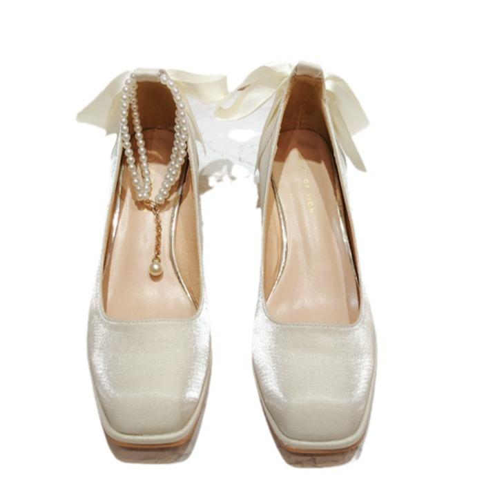 Thick heel high heels wedding shoes women's high heels bride shoes spring new shoes Mary Jane women's shoes square head single shoes