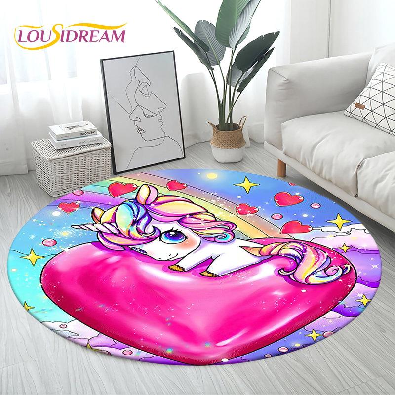 3D Cartoon Cute Unicorn Area Rug Large,Round Carpet Rug for Living Room Bedroom Sofa Decoration,Children Play Non-slip Floor Mat