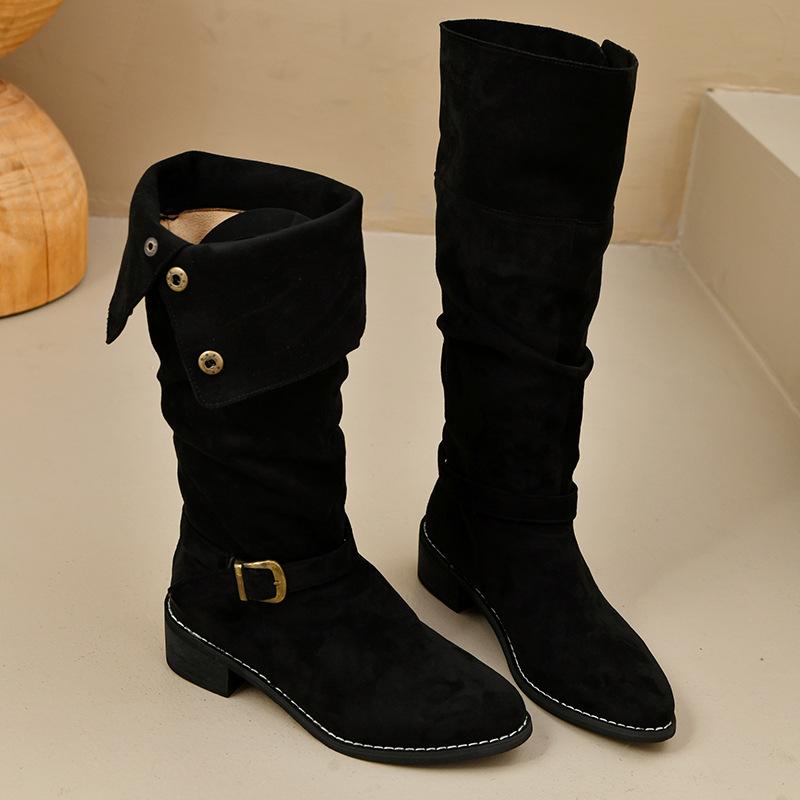 Retro Pointed Pleated Piled Boots Women's 2025 Autumn and Winter New Thick Heel Thin Boots Western Boots Tall Knight Boots