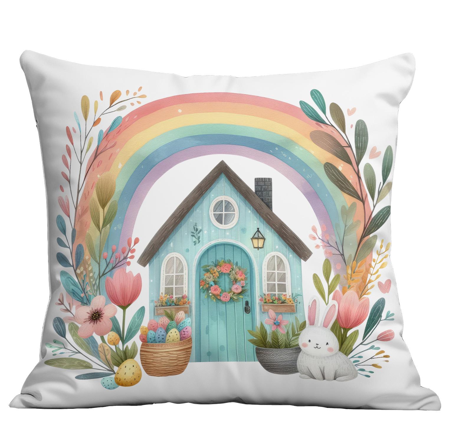 

New Rainbow Flowers Bunny Easter Pillow Case Home Sofa Cushion Pillow Case 45 * 45Cm