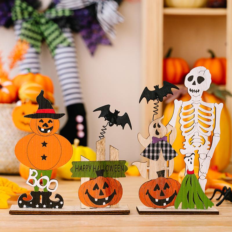 Whimsical Wooden Halloween Decoration Including Spring Bat Pumpkin And Skull For Atmosphere Spooky