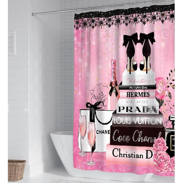 Fashion Luxury Girly Shower Curtain Pink Floral Black Perfume Shower Curtains Waterproof Polyester Fabric Shower Curtains for Bathroom Decor with 12