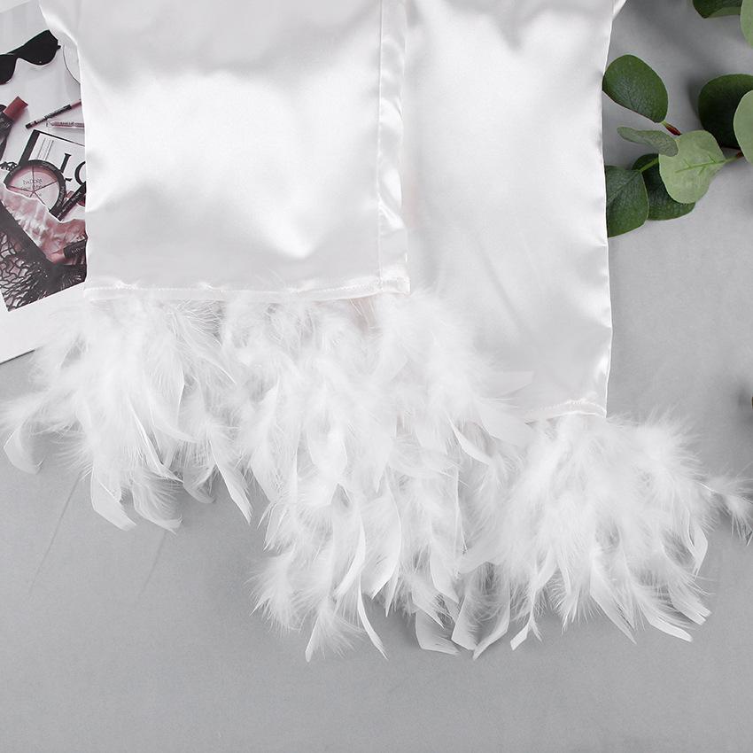 Trendy European American Ice Silk Pajama Set Fashion Ostrich Feather Shirt Long Pants Loose Fit Two Piece Home Service Outfit