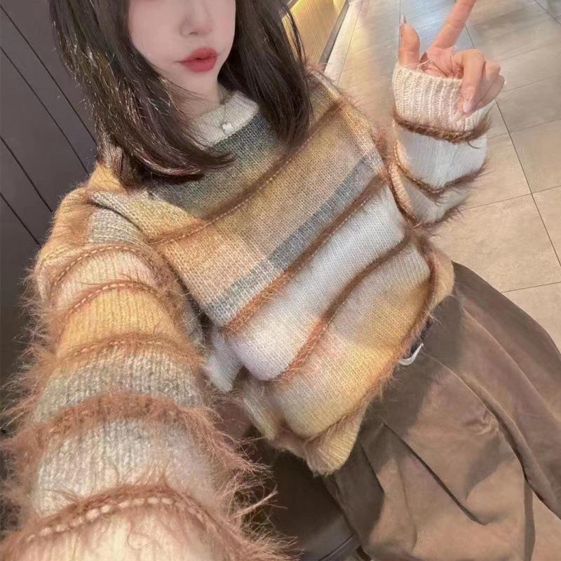 Women's Soft Mink Fur Gradient Sweater - Loose Knit, Long-Sleeved, Autumn/Winter Fashion