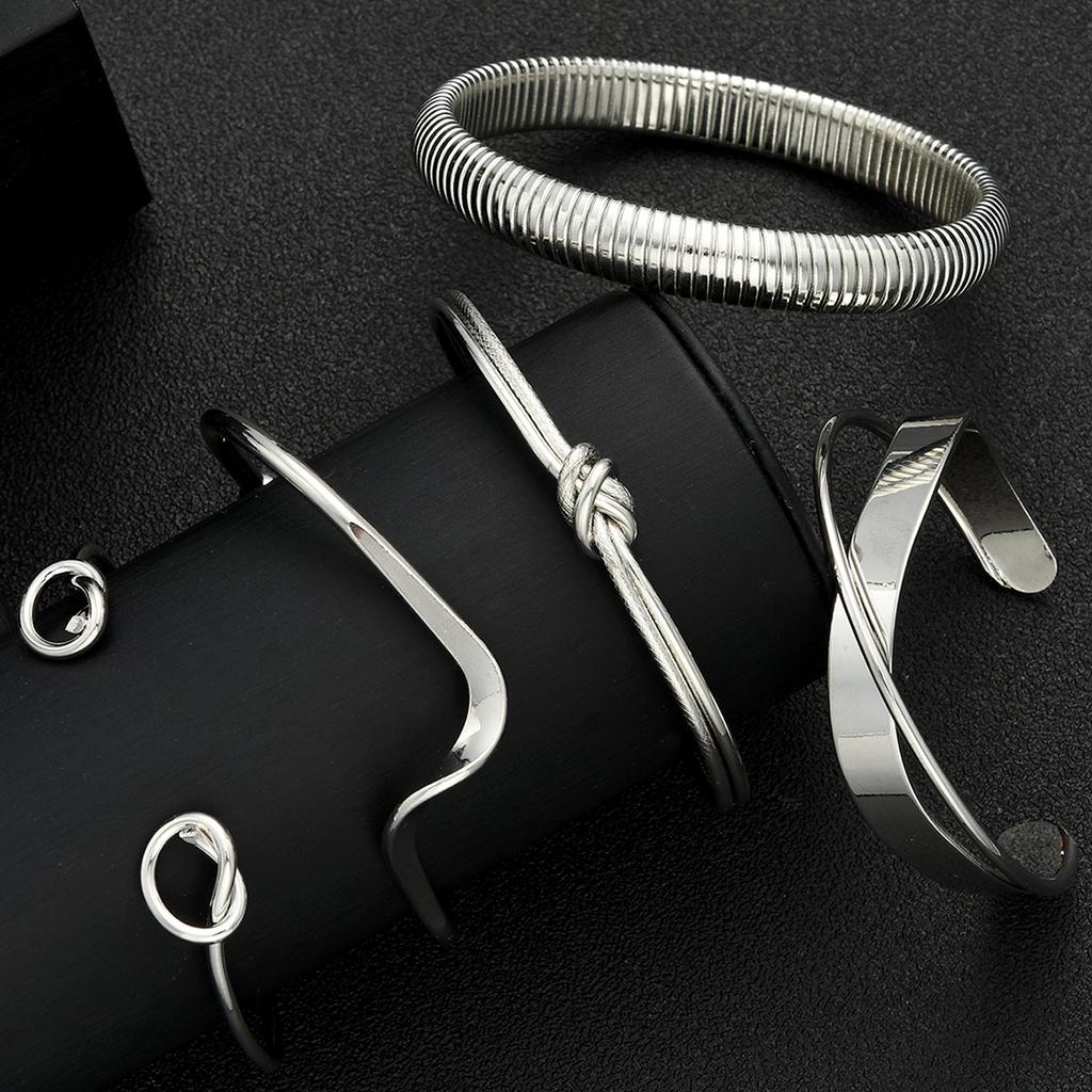 5 Pcs Punk Minimalist Geometric Bracelets Set for Women Retro Hip Hop Boho Stackable Design Open Bangle Daily Wear Jewelry Gifts