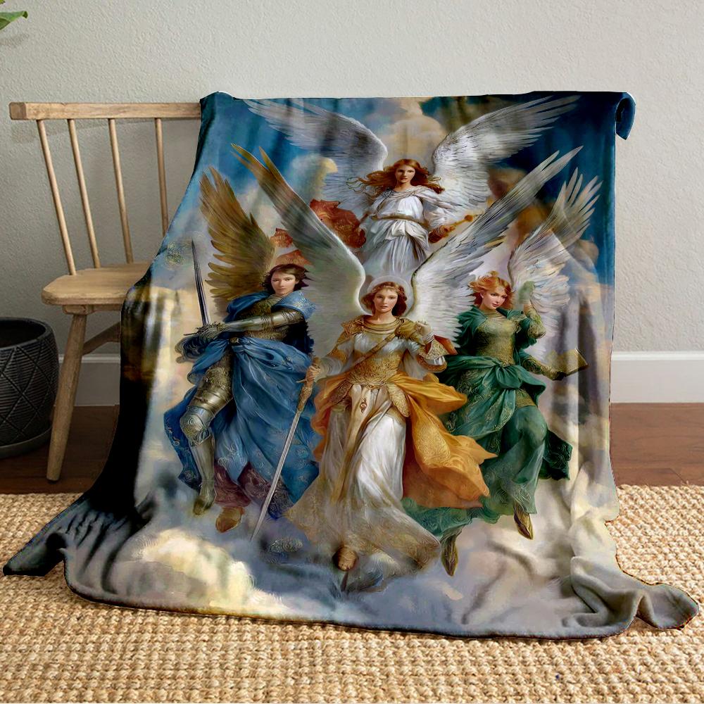Four Angelic Figures in Heavenly CloudsFlannel blanket for bedroom, living room, sofa, and nap