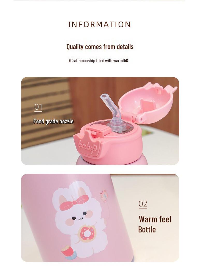 Kids' Outdoor Thermos Cup - Deer Antler Design, Straw & Smart Lid, Stainless Steel, Cartoon Style with Strap