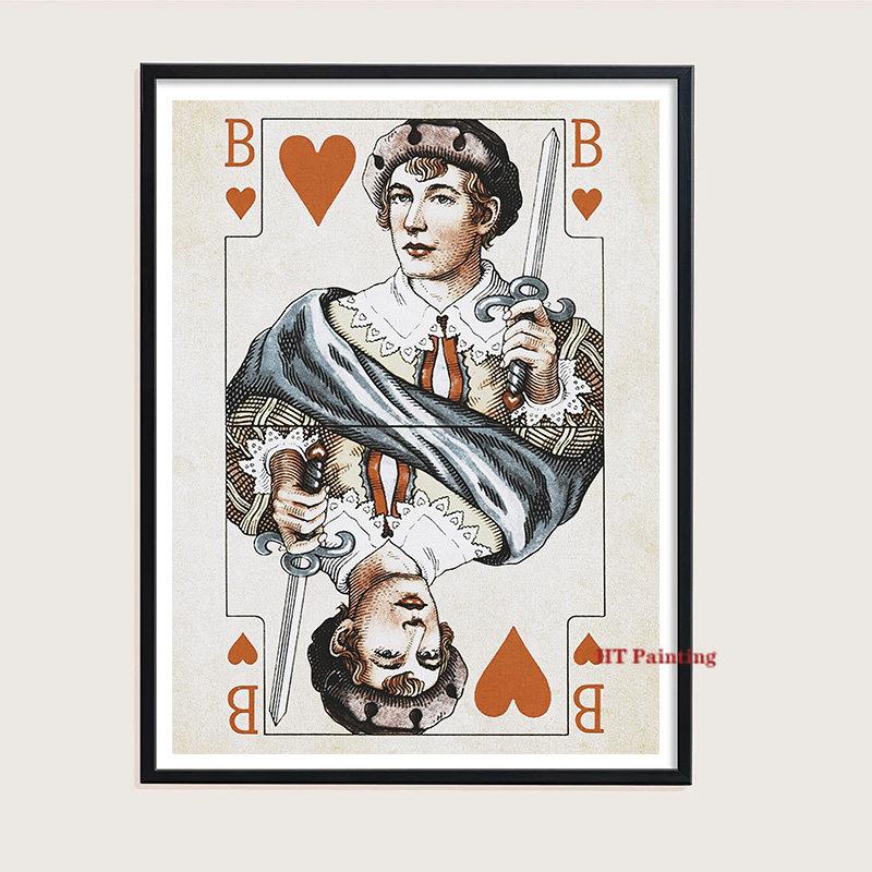 Vintage Poker Ace of Hearts Playing Cards Canvas Painting Queen And King Wall Art Pictures Room Home Club Bar Pub Decor Unframed
