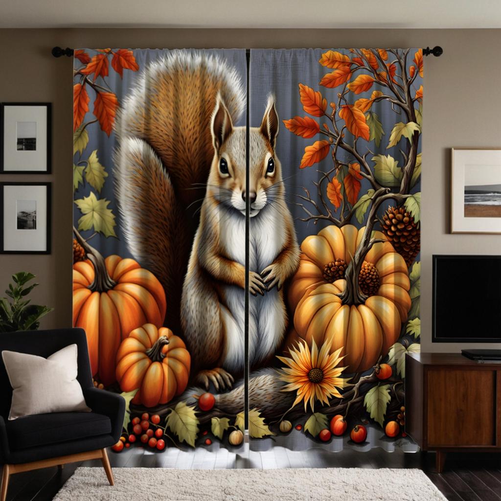 2pcs HD Autumn Harvest Festival Pumpkin Squirrel Pine cone decorative curtain Yellow tie digital printed curtain Home Decor s