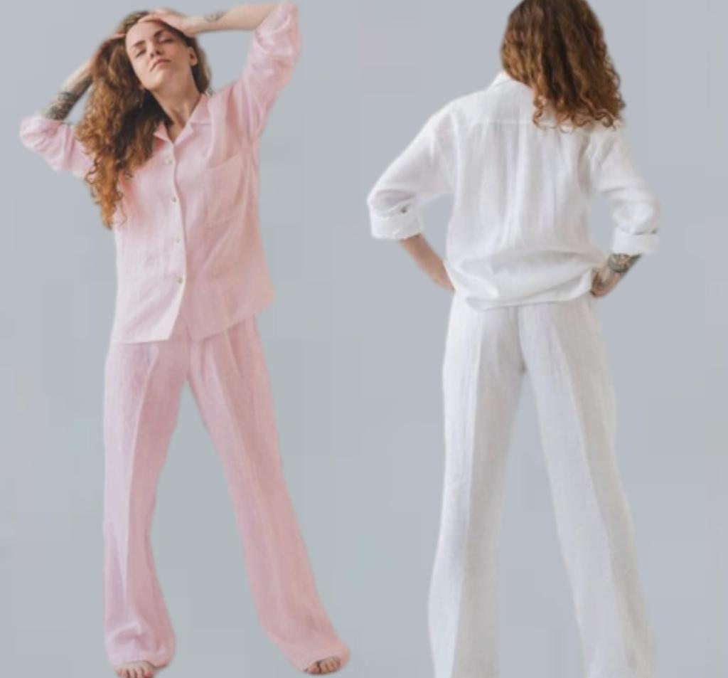 RAKUYUME Linen Long Women's Pajamas, Loungewear, Spring, Summer, Autumn, Winter, Sleeves, Moisture-Wicking, Quick-Drying