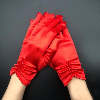Short Stretch Satin Embroidery Bead Pleated Gloves Stage Performance Clothing Accessories Jewelry Etiquette Gloves