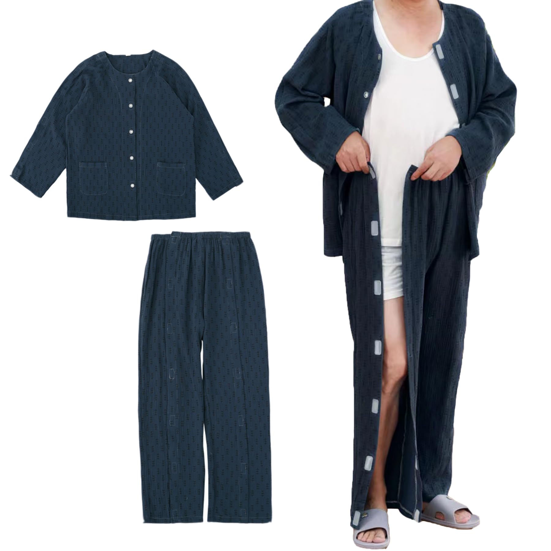 

KUMUROETA Сестринская одежда на липучке Идеально подходит для лежачих больничных и парализованных пожилых пациентов с переломами Мужская всесезонная пижама, 100% хлопок, полностью открывается синий