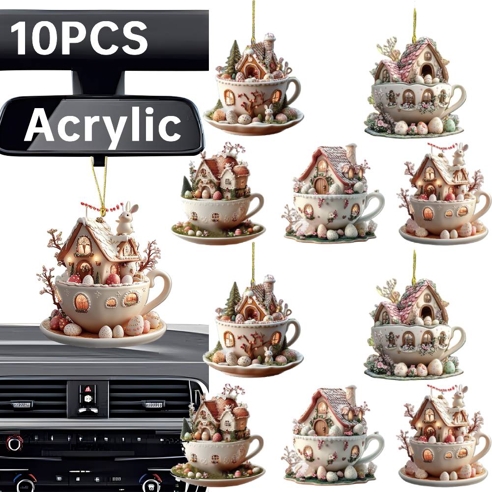 10pcs Easter Bunny Egg House Coffee Mug Hanging Ornament Acrylic 2D Flat Coffee Cup Decorative Pendant Kit for 2025 Easter Party