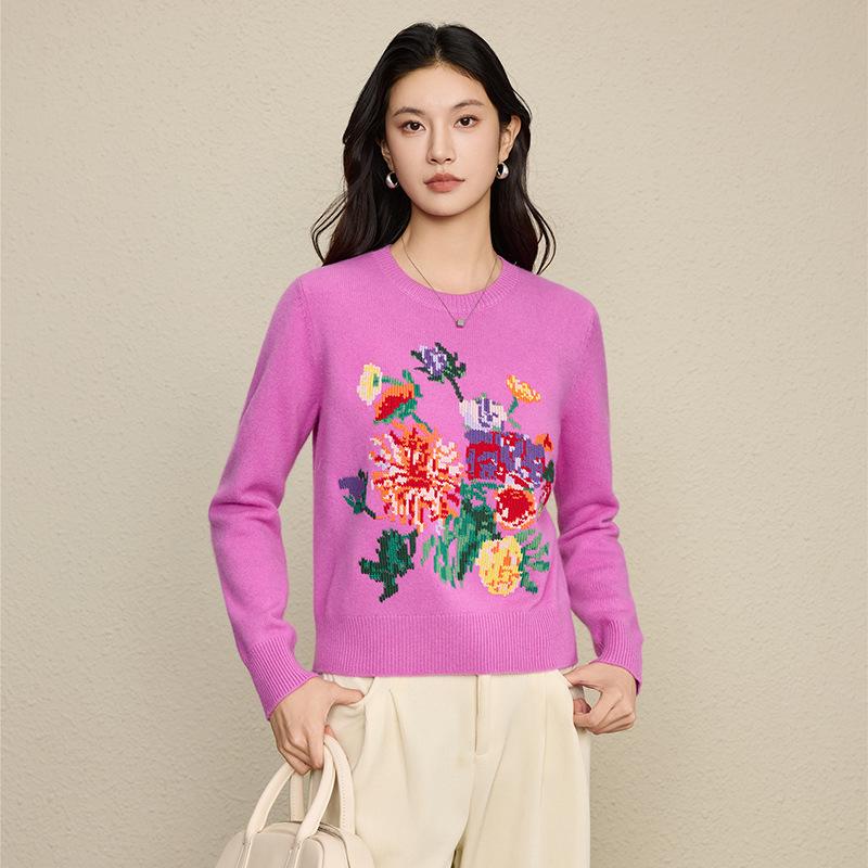 2025 Autumn/Winter New Arrival: Heavy-Duty 100% Wool Knit Sweater with 3D Peony Embroidery, Round Neck & Long Sleeves