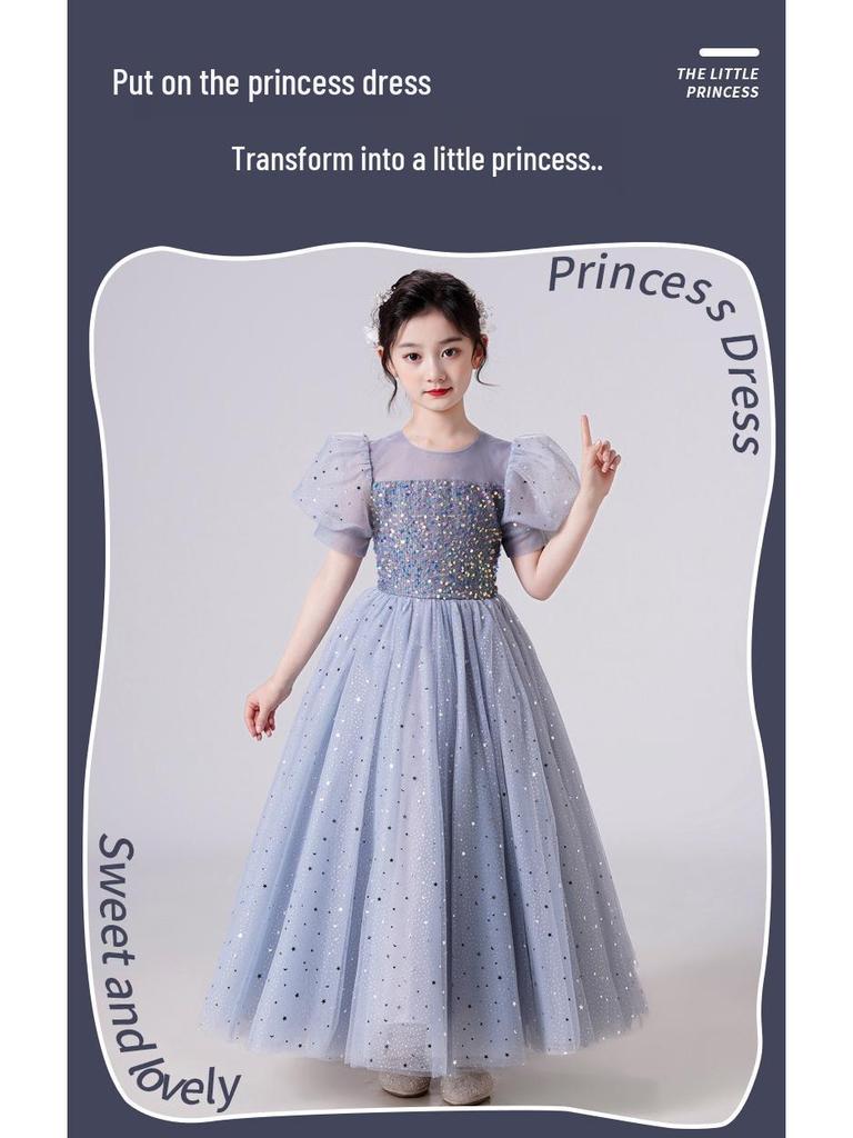 Girls' Sequin Puff Sleeve Princess Dress - Long Mesh Flower Girl Wedding Summer Formal Attire