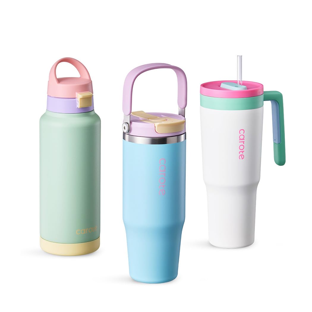 

Набор из 3 бутылок для воды CAROTE: Двухсторонний тамблер (950мл), Бутылка с одним касанием (1000ml), и Обработанный Тамблер (1230мл). Нержавеющая сталь с вакуумной изоляцией