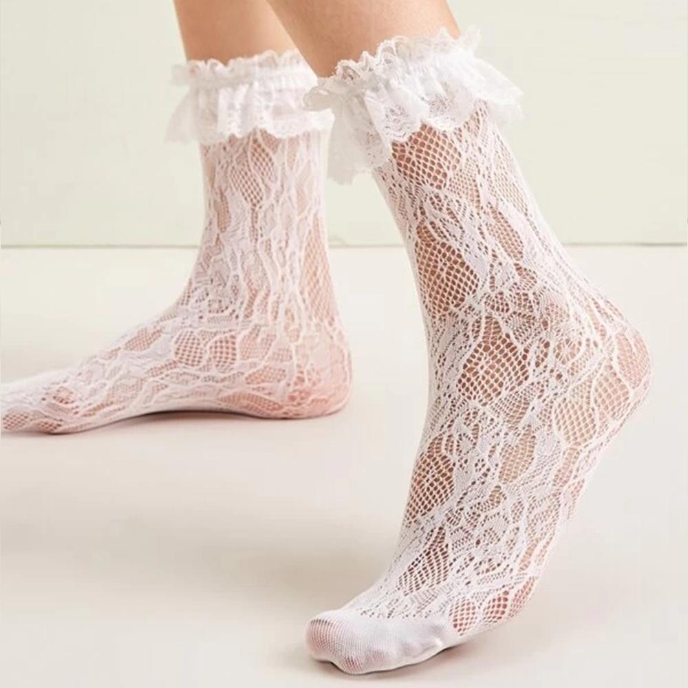 2 Pairs Lace Mid Tube Socks For Women's Lolita Retro Women's Jacquard Princess Sock White Breathable Anti Hook Silk Girls' Socks