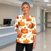 Womens Halloween Print V Neck Medical Scrub Top with Pockets Side Slits and Three Quarter Sleeves Halloween Themed Nurse Uniform Shirt